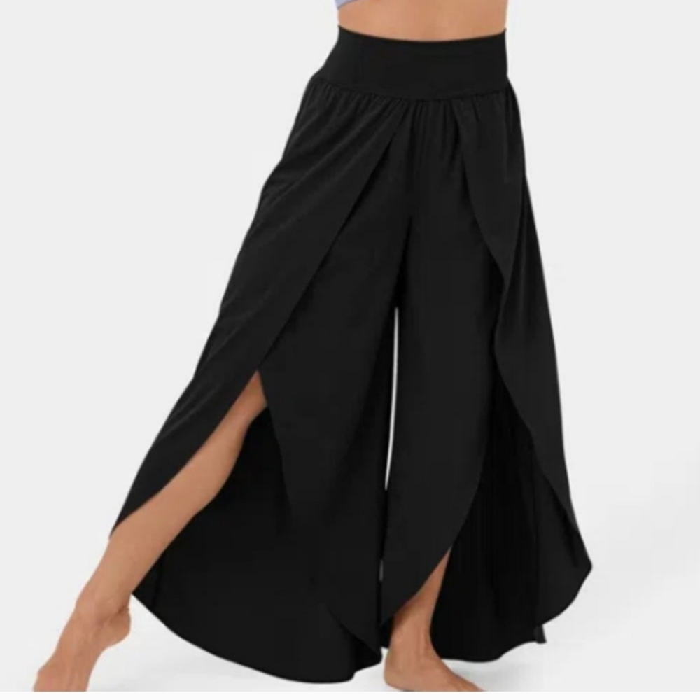 HALARA Black Wide-Leg Overlay Split Palazzo Pants